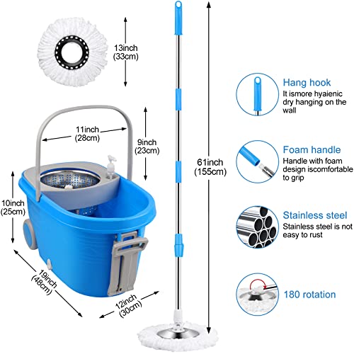 Spin Mop and Bucket with Wringer Set on Wheels, 360° Spinning Mop Bucket System with 3 Microfiber Mop Replacement Heads and 61" Stainless Steel Adjustable Handle for Floor Cleaning (25QT) - color: Blue-2