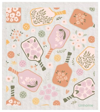 Pickleball Swedish Dishcloth, Reusable Paper Towel, Super Absorbent Cellulose Sponge, Pickleball Pattern, Washable Kitchen Cleaning Cloth (2, Floral Pickleball) - color: Floral Pickleball