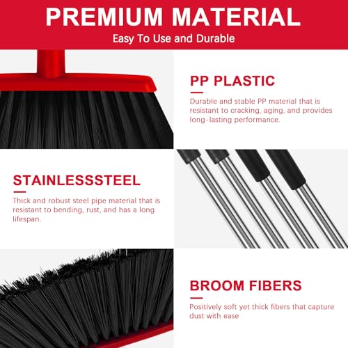Heavy Duty Angle Broom, 55-Inch Long Handle Extra Wide 12.6 Inch Head, Stainless Steel Tube & PP Bristles for Pet Hair and Dust, Floor Safe - Red - color: Red