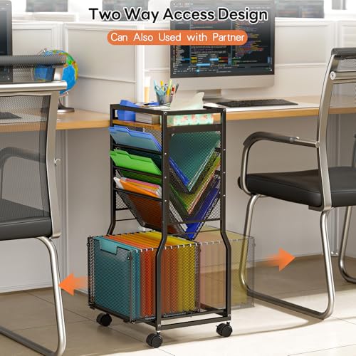 DAOUTIME 8 Tier Rolling File Cart with Hanging File Folder Organizer, Mobile File Organizer with 2 Sides Access Bookcase, Beside/Under Desk Cart with Wheels for Office Home School