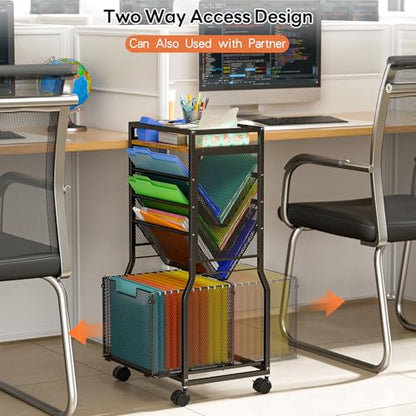 DAOUTIME 8 Tier Rolling File Cart with Hanging File Folder Organizer, Mobile File Organizer with 2 Sides Access Bookcase, Beside/Under Desk Cart with Wheels for Office Home School