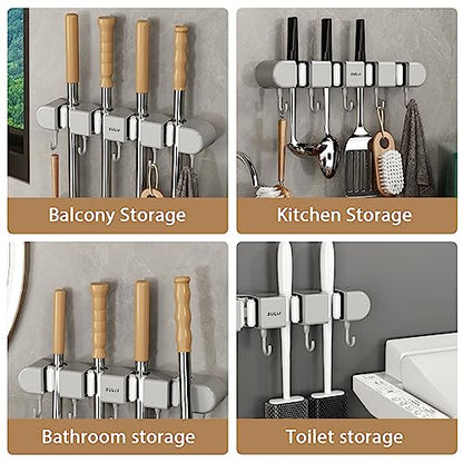 3PCS Broom Holder Wall Mount, No-Drilling Self-Adhesive Mop and Broom Storage Rack (4 Racks with 5 Hooks),Wall-Mounted Broom Hanger for Bathroom, Kitchen, Closet, Garage (Gray)