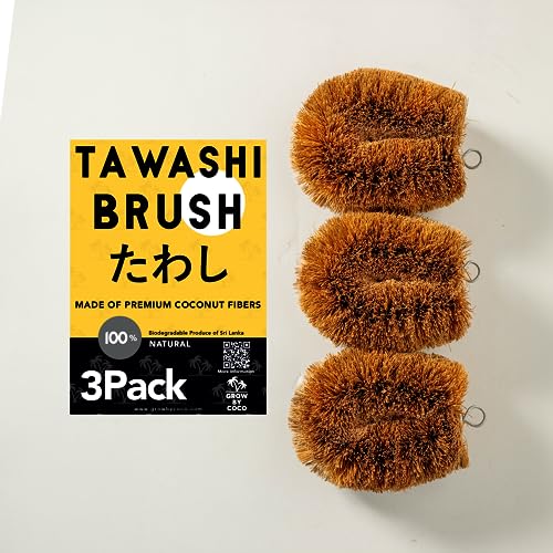 Pack of 3 Tawashi Vegetable Scrub Brush,100% Natural Coconut Coir Fiber VegetableBrush, Ideal for Fruit Scrub, Dish Brush for Kitchen Cleaning Needs, Kamenoko Japanese Design