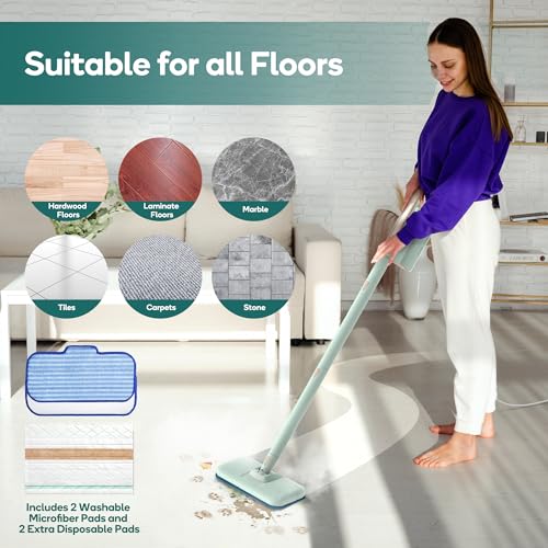 Newbealer Steam Mop & Detachable Handheld Cleaner, 1200W Floor Steamer | 3 Adjustable Levels for Carpet Laminate Hardwood Grout, Carpet Glider, 11 Multi-purpose Accessories & 2 Pads, 250ml Tank - color: Green with 11 brushes