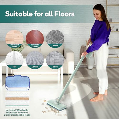 Newbealer Steam Mop & Detachable Handheld Cleaner, 1200W Floor Steamer | 3 Adjustable Levels for Carpet Laminate Hardwood Grout, Carpet Glider, 11 Multi-purpose Accessories & 2 Pads, 250ml Tank - color: Green with 11 brushes