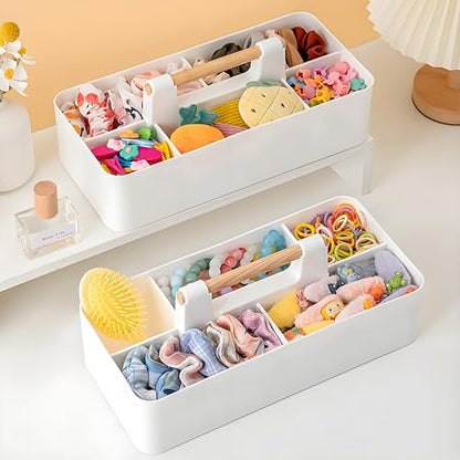 Acshio 2 Pack Plastic Portable Caddy with Handle, Stackable Art Office Supplies Storage Organizer with 5 Compartments, Multiuse Divided Craft Basket Bin Stationery Pen Holder for Home, Shower