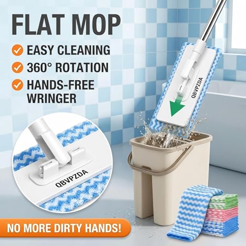 Convenient Cloth Changing Mini Mop Flat Push Design, Lazy Portable Self-Squeeze Mop Set, Wall-Mountable Durable Handle & Non-Slip Grip, Reusable Pads for Home Use with 5 Cloths Included