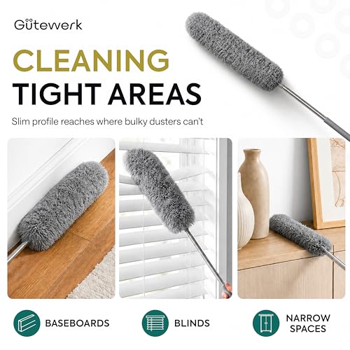 Gütewerk Extendable Microfiber Duster, 100 Inch - Feather Dusters for Cleaning Ceiling Fans, Blinds, Baseboards & High Ceilings - Washable, Electrostatic, 360° Bendable Head, Stainless Steel Pole - color: Gray, size: up to 100 inch