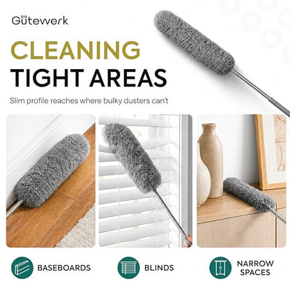 Gütewerk Extendable Microfiber Duster, 100 Inch - Feather Dusters for Cleaning Ceiling Fans, Blinds, Baseboards & High Ceilings - Washable, Electrostatic, 360° Bendable Head, Stainless Steel Pole - color: Gray, size: up to 100 inch