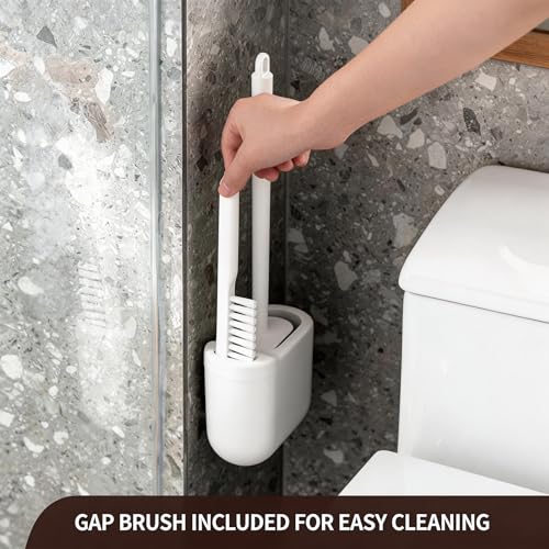 Wall-Mounted Toilet Brush Set with Crevice Tool - [TPR Flexible Head] for [Rim Jet & Crevice Cleaning] - [Draining Holder] for Bathroom, 0.55 lbs, 1.1 lbs Max Load