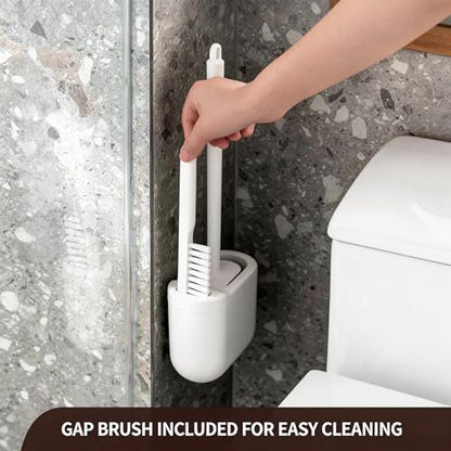 Wall-Mounted Toilet Brush Set with Crevice Tool - [TPR Flexible Head] for [Rim Jet & Crevice Cleaning] - [Draining Holder] for Bathroom, 0.55 lbs, 1.1 lbs Max Load