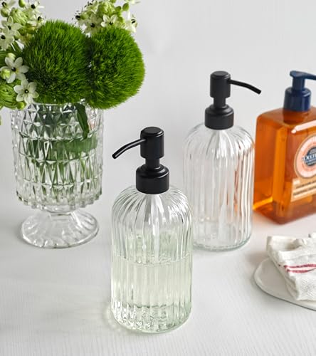 JASAI 2PACK 18Oz Simple Glass Soap Dispensers with Black Pump, Refillable Kitchen soap Dispenser with Vertical Stripe, Bathroom Soap Dispenser for Bathroom Hand soap, Dish Soap, Lotion. - color: Clear-black Pump-2p, size: 2 Pack