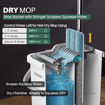 JOYMOOP Flat Mop System, Microfiber Mop and Bucket Set, White, Household & Commercial Floor Cleaning Mop with Long Handle, Hands-Free Cleaning System - color: White Plus241
