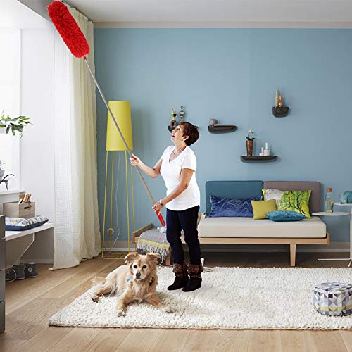 DELUX Microfiber Feather Duster Extendable Cobweb Duster with 100 inches Extra Long Pole, Bendable Head & Scratch-Resistant Hat for Cleaning Ceiling Fan, High Ceiling, Blinds, Furniture & Cars Red - color: Red
