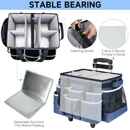 Large Rolling Cleaning Caddy Bag with Detachable Trolley,Cleaning Cart on Wheels with Shoulder Strap,Cleaning Supplies Organizer for Housekeepers,Blue - color: Blue