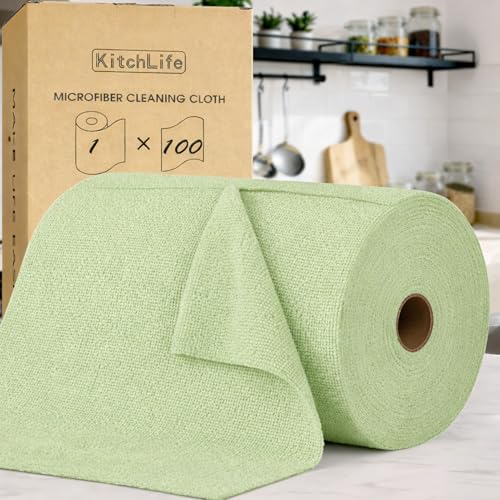 KitchLife Microfiber Cleaning Cloth Roll, 100 Pack - Tear-Away Microfiber Paper Towels, Lint-Free, Reusable, Washable for Kitchen, Car, Dishes, and Sensitive Surfaces (Bean Green) - color: Bean Green, size: 100 Pack
