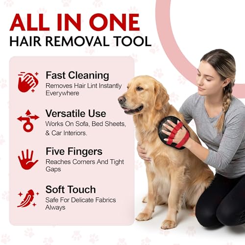 Pet Hair Removal Glove | Cats and Dogs | Reusable Electrostatic Fur Remover with Upgraded Dual-Directional Bristles | Non-Slip Finger Loop Design for Laundry, Furniture, Clothes, Couch & Car (Red) - color: Red