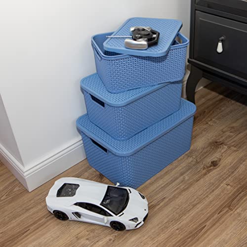 BranQ Home essential Basket with Lid in Rattan Design, Set of 2, Size M, 10 L, BPA-Free Plastic PP, Denim Blue, 28.8 x 19.7 x 16.2 cm, Pack of 2 - color: Denim Blue, size: 10 l