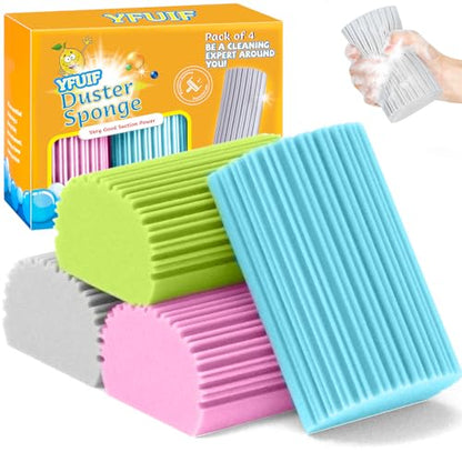 4 Pack Damp Clean Duster Sponge, Magic Sponge Eraser for Household Cleaning, Reusable Dusters Cleaning Supplies for Housekeeping, Dish, Blinds, Glass, Baseboards,Window Track Grooves and Faucets