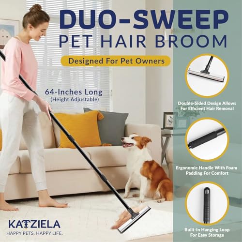 Katziela DuoSweep Broom – Dual-Sided Pet Hair Remover with Metal & Rubber Blade – Multi-Surface Cleaner for Carpet, Hardwood & Tile – Includes Water Control Squeegee Attachment
