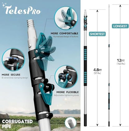 TelesPro 20 Foot High-Reach Duster Kit with 5-12FT Extendable Pole - High Ceiling Duster Cleaning Kit with Telescopic Pole,Cobweb Duster, Chenille Ceiling Fan Duster, Microfiber Feather Duster - size: 12 FT