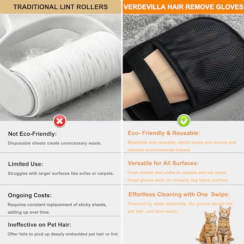 Upgraded 4 Pack Pet Hair Removal Gloves for Cats Dogs, Reusable Electrostatic Pet Hair Remover Gloves, Dual Use for Pet Grooming & Furniture Cleaning, for Couch, Carpet, Clothes, Car Seats | Five-finger flexible fit Cost-effective vs lint roller Rinse cle