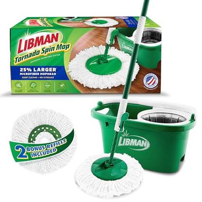 Libman Tornado Spin Mop System with 2 Refill Heads, Microfiber Spinning Mop and Bucket with Wringer Set for Home, Floor Cleaning of Hard-Wood, Laminate, Tile, All Surface Cleaner, 3 Total Mop Heads - style: Spin Mop Plus 2 Refills