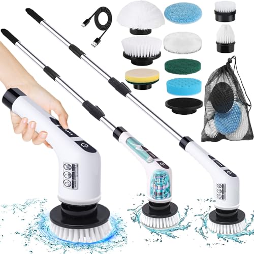 Electric Spin Scrubber,Cordless Cleaning Brush 3-in-1 Adjustable Detachable Exten Handle,2 Rotat Speed,Shower Scrubber with 9 Replaceable Brush Head,2024 New Power Cleaning Brush for Kitchen,Bathroom