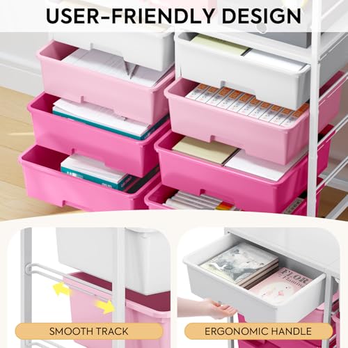 Rolling cart with 8 drawers,Storage drawer cart with wooden tabletop,Lockable wheels organizer for homeschool, arts & crafts, classroom, office & creative spaces (Pink) - color: Pink
