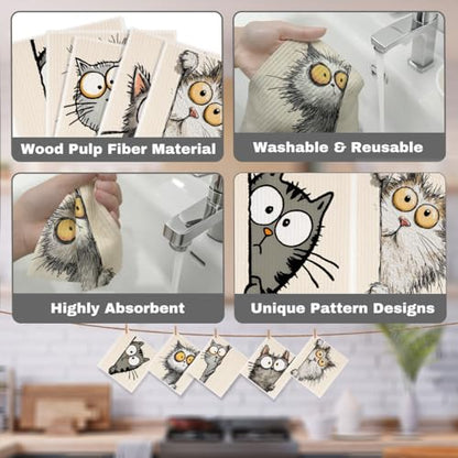 5 Pcs Cartoon Cute Peeking Kitten Swedish Dishcloths, Kitty Swedish Dishcloth, Funny Cat Dish Cloths for Drying Dishes, Reusable Cleaning Cloths, Cat Lover Gifts for Women 4 - color: Lm 03435