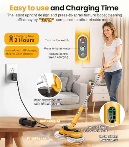 qimedo 5000mAh Electric Mop with Two Battery M2,800RPM Cordless Mops for Floor Cleaning,Best Automatic Spin Mops with Smart Display,Upright Rotating Power Mop with LED Light & Water Spray