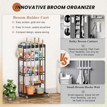 Olakee Taller Broom Holder with Cleaning Supplies Organizer, Broom Closet Storage Cabinet with Mop Hanger Gripper Rack Hooks, Housekeeping Janitorial Cart with Cleaning Caddy, Garage Home Improvement - size: Elevated