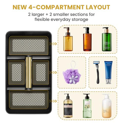 BYUNER Portable Cleaning & Shower Caddy with Handle: Rigid Plastic Basket with 4 Divided Compartments, All-Side Drainage for College Dorm, Bathroom & Utility Use, Black/Gold - color: Black/Gold