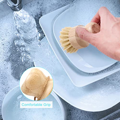Aisuly Bamboo Dish Brush Set, 2 Pcs Palm Wooden Dish Scrubber Brush, Dish Brushes, Durable Wood Dishes Scrub Brush, Natural Round Vegetable Cleaning Pots Pans Sink Washing Kitchen Brush - size: 1p Palm+1p Sisal
