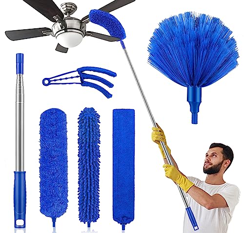 Dusters for Cleaning, Newliton Duster with Extension Pole Microfiber Ceiling Fan Cobweb Duster, Long Duster for High Ceilings Wall Refrigerator Appliance Baseboard Home Furniture Blinds - color: Blue