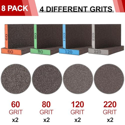 YNZDRWA 8 Pack Sanding Sponge, Washable and Reusable Sanding Blocks for Drywall Wood Metal Furniture, 60/80/120/220 Grit Sandpaper Block Assortment