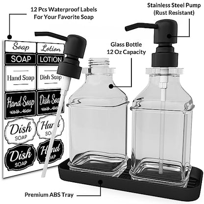 LMQML Soap Dispenser - 2 Pack, Antique Design Thick Glass Hand Soap Dispensers with Sturdy Tray; 304 Rust Proof Stainless Steel Black Pump, 12Pcs Stickers, for Kitchen, Bathroom - color: Black