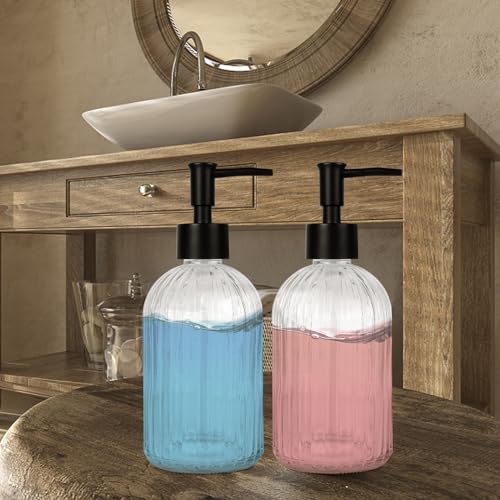 2 Pack Glass Soap Dispenser with Pump, 13.5oz Refillable Soap Dispensers with Vertical Stripe for Hand Wash & Dish Wash, Elegant Bathroom Soap Dispenser for Dishwashing Liquid, Lotion - color: Clear