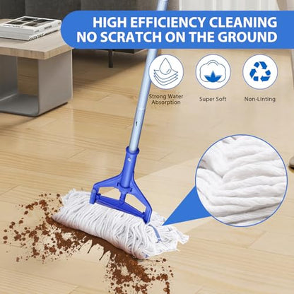 Heavy Duty Loop-End String Mop - Commercial Industrial Mop with Extra Replacement Heads, 59" Long Handle for Garage Workshop Warehouse Floor Cleaning - Effortless & Durable