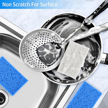 8PCS Compressed Kitchen Sponges for Household Use, Zero Scratch Scrub | Save Space, Premium Dish Sponges Kitchen Natural, Non Scratch Cleaning Sponges for Dishes, Blue & White Dishwashing Brushes