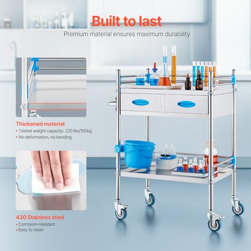 VEVOR Stainless Steel Utility Cart, 2 Layers with Two Lockable Wheels, Ideal for Laboratory, Hospital, Dental Use - size: 2-tier shelves with 2 drawer
