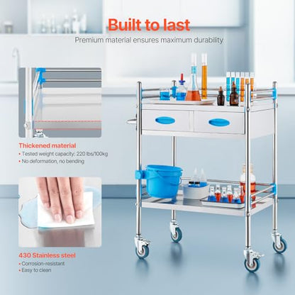 VEVOR Stainless Steel Utility Cart, 2 Layers with Two Lockable Wheels, Ideal for Laboratory, Hospital, Dental Use - size: 2-tier shelves with 2 drawer