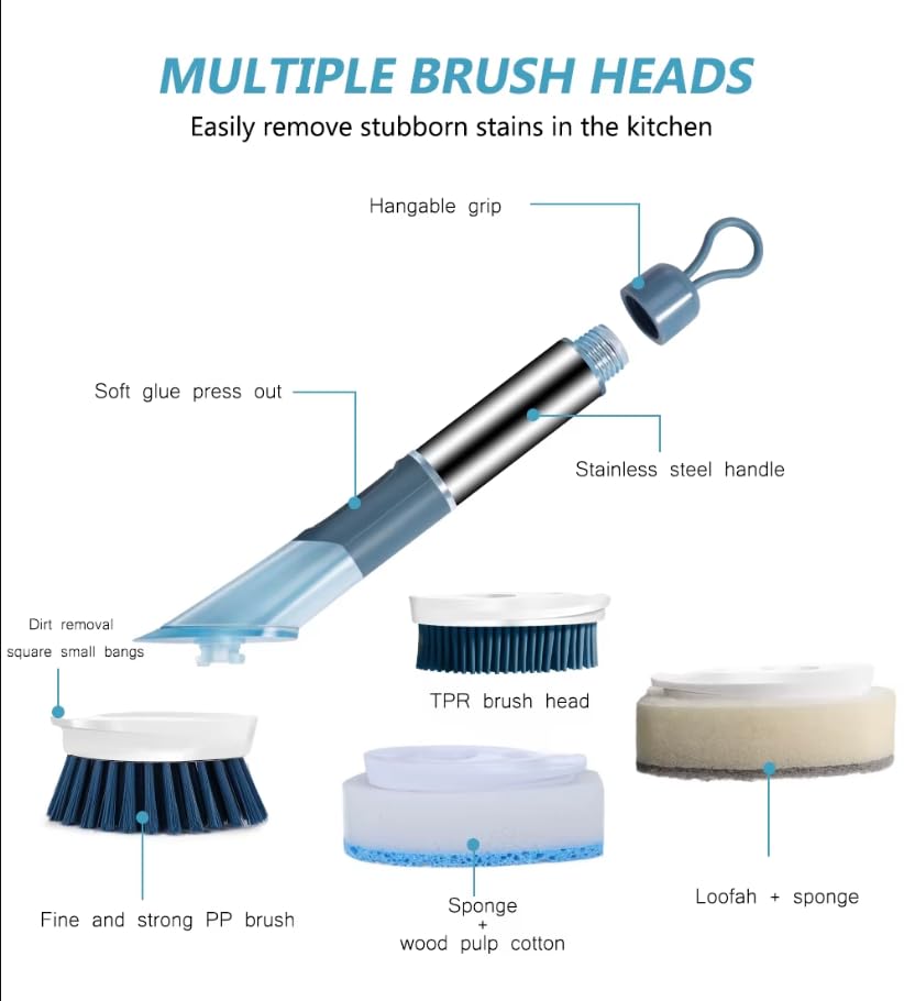 Soap Dispensing Dish Brush Set with Holder - 3 Replaceable Heads (Sponge, Scrubber, Brush) - Long Handle Kitchen Cleaning Brush for Pots, Pans, Sink & Dishes - Non-Slip Grip (Blue)