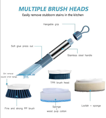 Soap Dispensing Dish Brush Set with Holder - 3 Replaceable Heads (Sponge, Scrubber, Brush) - Long Handle Kitchen Cleaning Brush for Pots, Pans, Sink & Dishes - Non-Slip Grip (Blue)