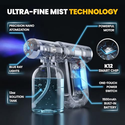 Professional Barber Disinfectant Spray Gun, Ultra Fine Mist Sprayer, Black | Continuous Spray Bottle with Blue Light, Easy to Use Lightweight and Rechargeable Sanitizer Gun, Multipurpose Fogger Machine - color: Black