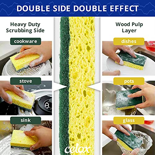 CELOX 12 Pack Dual Sided Heavy Duty Scrub Sponge and 2 Set Compact Toilet Brush with Breathable Ventilation Stand Base