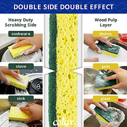 CELOX 12 Pack Dual Sided Heavy Duty Scrub Sponge and 2 Set Compact Toilet Brush with Breathable Ventilation Stand Base