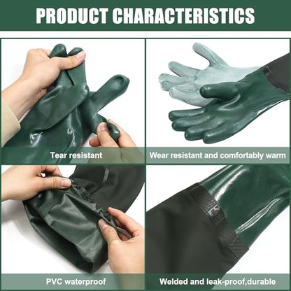 27" Full Arm Pond Gloves, Long Heavy Duty Gloves with Cotton Lining, Waterproof Rubber Chemical Resistant Glove - color: Green