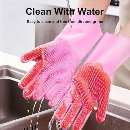 Kitchen Pot and Dish Washing Gloves, Made of Silicone, Household Cleaning Gloves for Home Use, Suitable for Kitchen Cleaning - color: Pink
