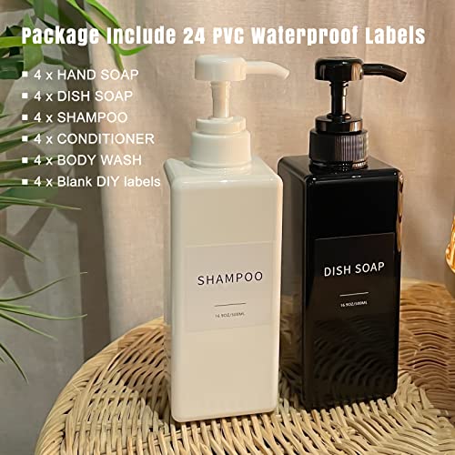 Soap Dispenser with Waterproof Labels, Thickened Plastic Hand Soap Dispenser for Bathroom, Kitchen Dish Washing Liquid Bottles, Shampoo and Conditioner Bottles with Funnel (16oz 4Pack Black Amber) - color: 2 Black + 2 Amber